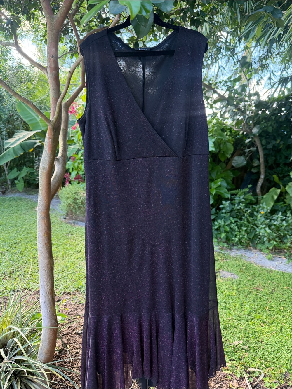 Taboo Y2K 90s Black Hot Pink Metallic Sparkly Dress Ruffled Jagged Hem VNeck